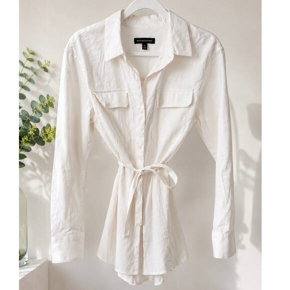 Banana Republic Tops - Banana Republic White Button Up Tie Waist Shirt Women Medium Cotton Blouse
